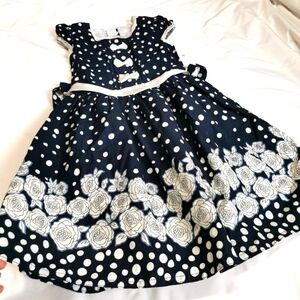 Girls Retro Polka Dot & Floral Party Dress Navy Size 8